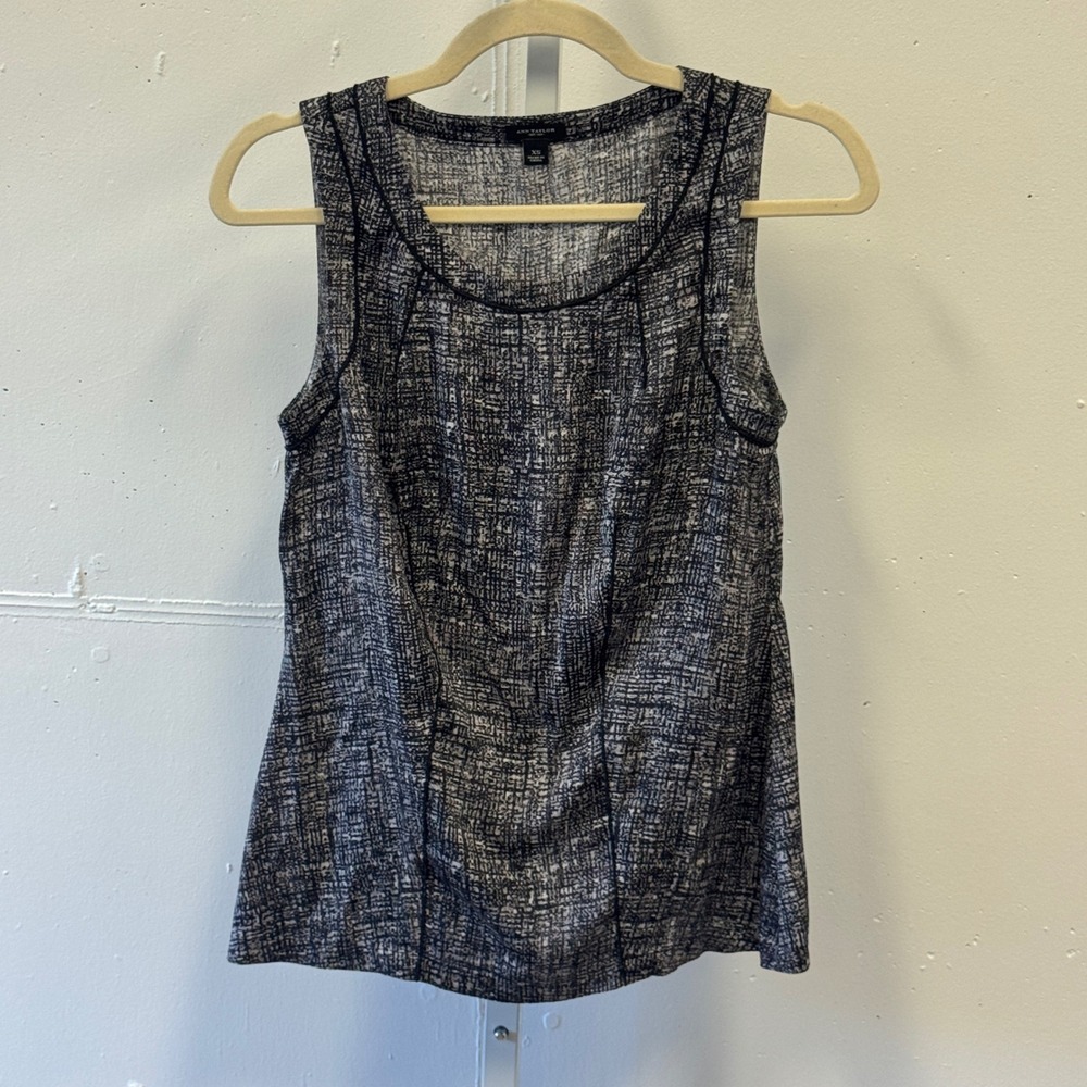 Ann Taylor Silk Blend Sleeveless Top XS Black White Abstract Print Shell 233765